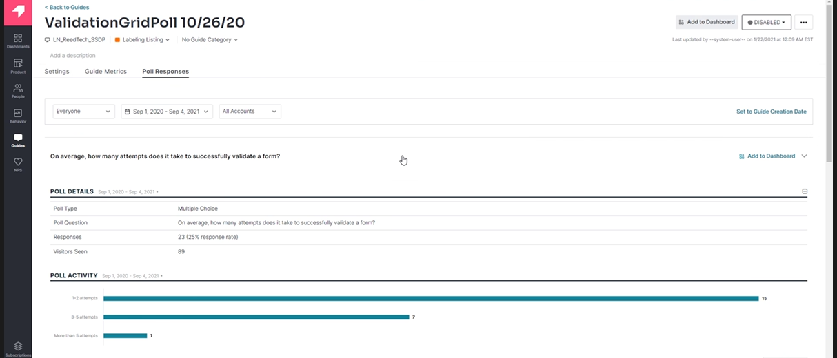Pendo Poll results demonstrating data validated on the first or second try by a high percentage.